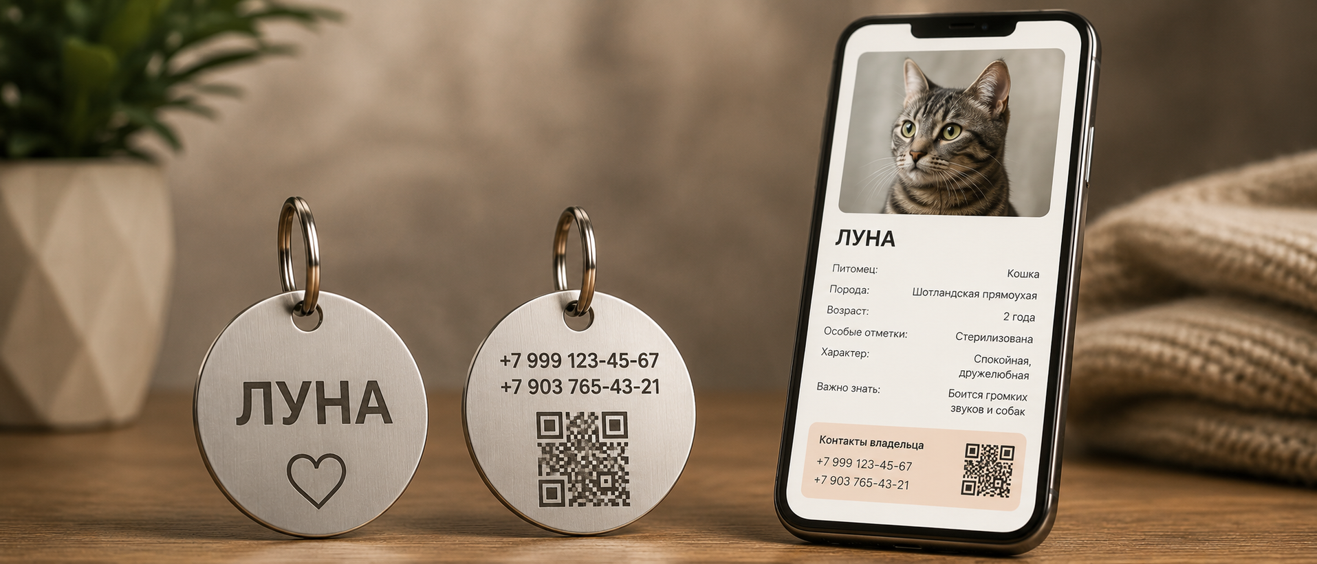 Адресник для животного с QR-кодом и телефоном