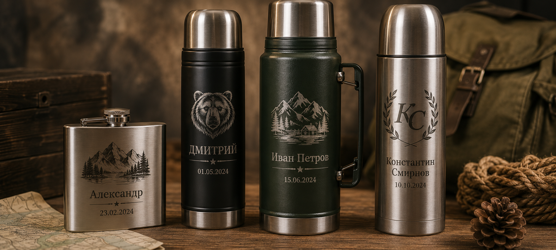 Лазерная гравировка на флягах и термосах