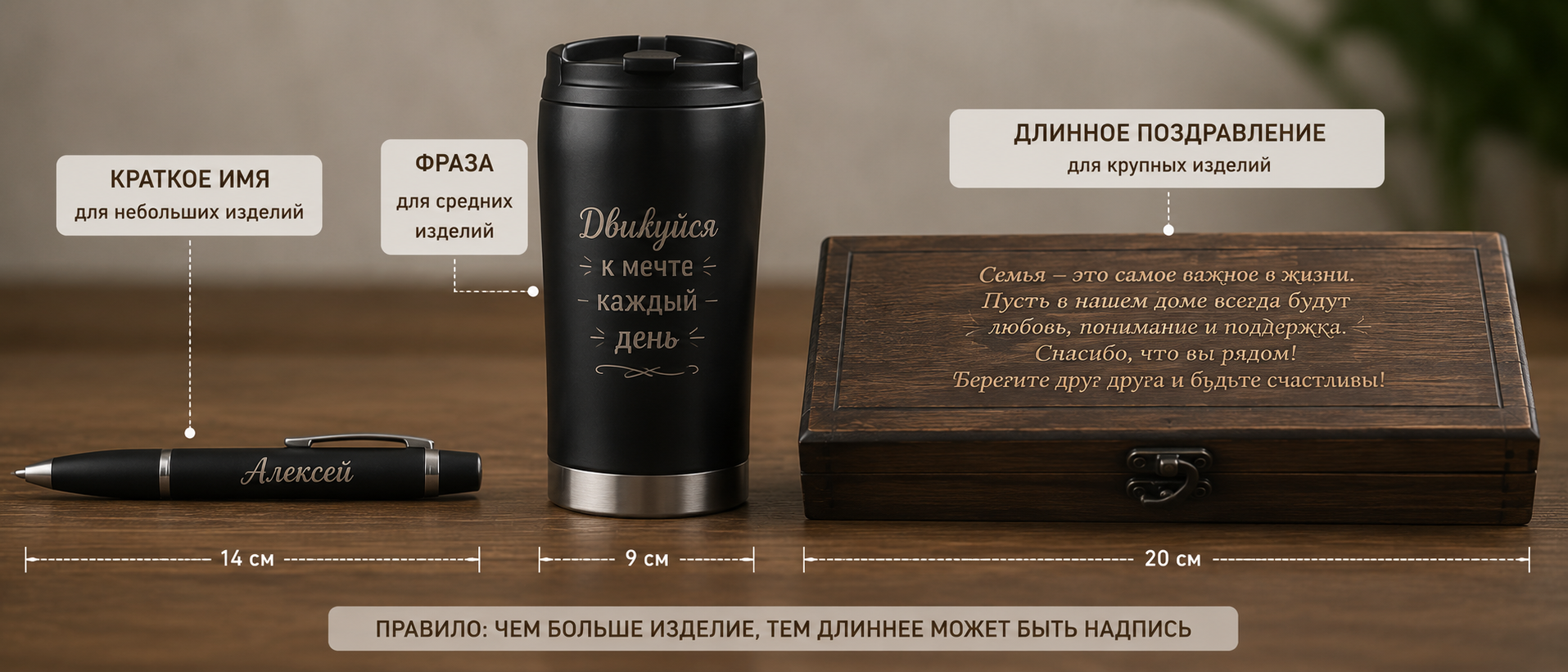 Примеры длины надписей для гравировки на разных изделиях